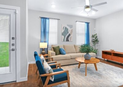 Modern living space featuring large windows and high-end contemporary finishes.