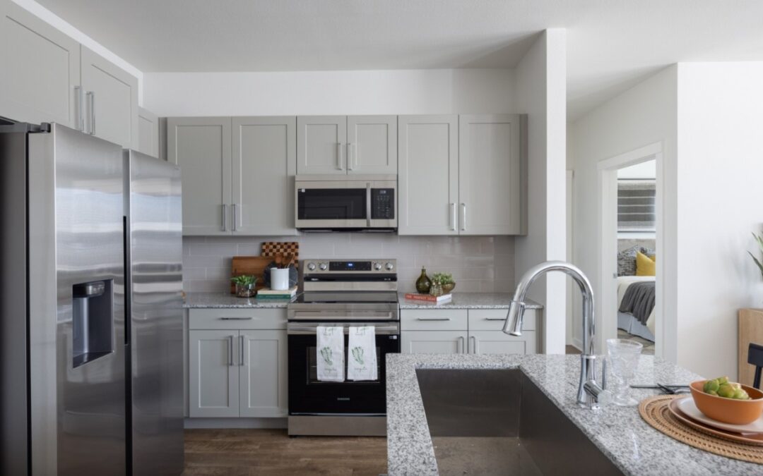 Gourmet kitchen featuring Samsung stainless steel smart appliances and grey contemporary cabinetry.