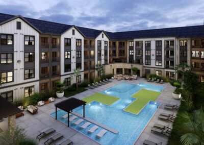 Sparkling lap pool with a tanning ledge and sophisticated outdoor lounging.